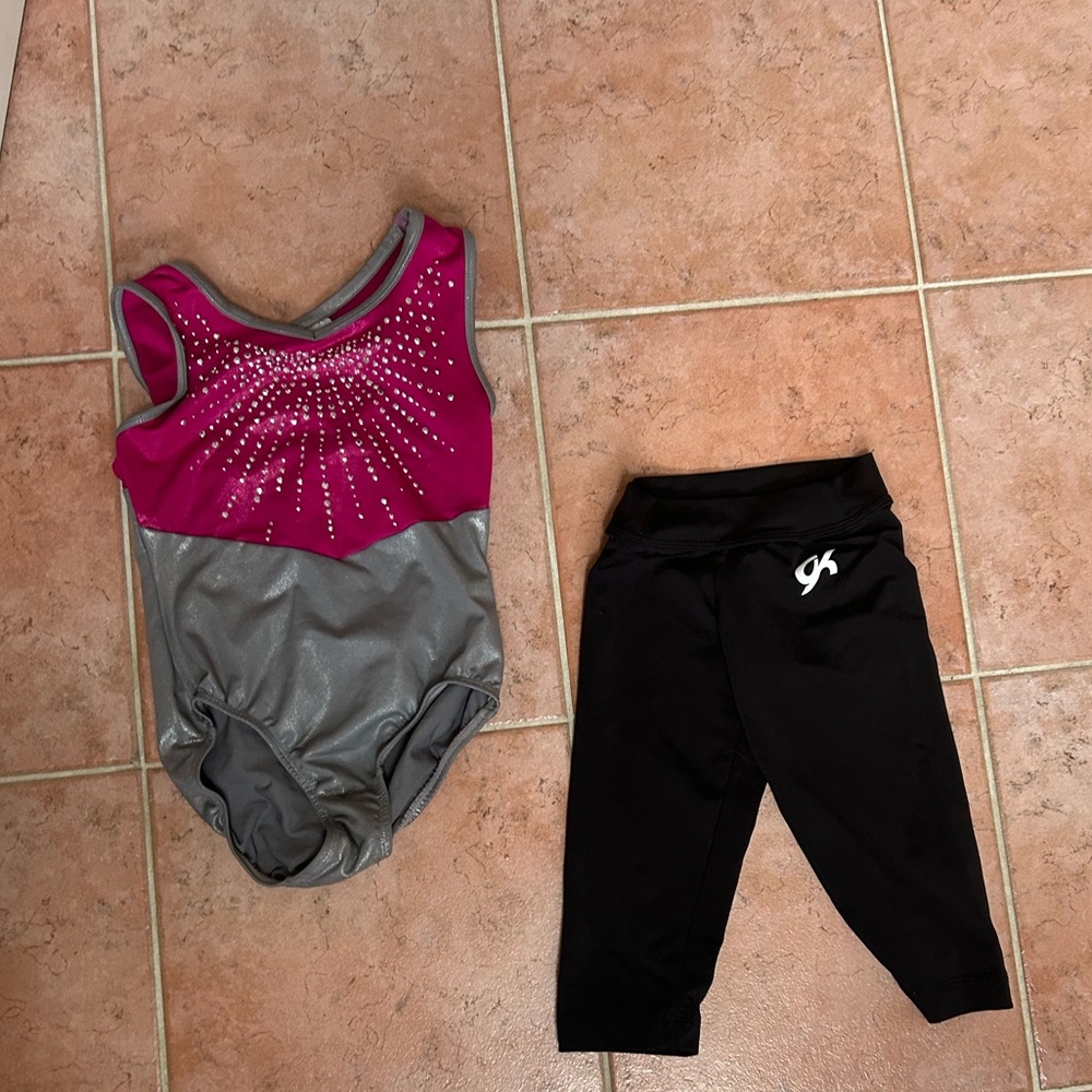 Girls Gymnastics Outfit Pink Danskin Leotard Sequins- GK Pants Black Size 7/8GUC